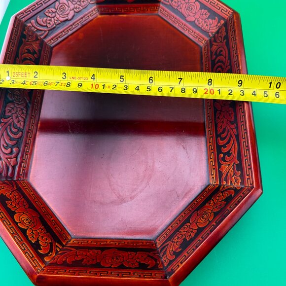 VINTAGE CHINESE RED LACQUER WOODEN TRAY WITH ROSE DESIGN - Picture 7 of 8